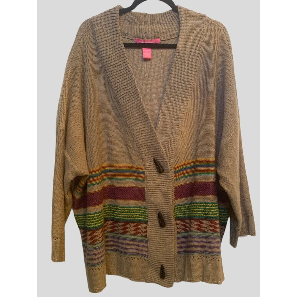 $60 Woman Within Aztec Fair Isle Print Cardigan Toggle Button Brown Oversized 1x